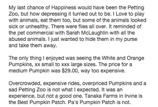 Illustration for article titled 'I Saw a Cow Chained to a Fence': Surprisingly Grim Yelp Reviews of Pumpkin PatchesÂ